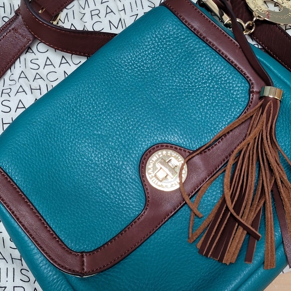 ISAAC MIZRAHI | TEAL PEBBLED LEATHER CROSSBODY BAG - Picture 1 of 15